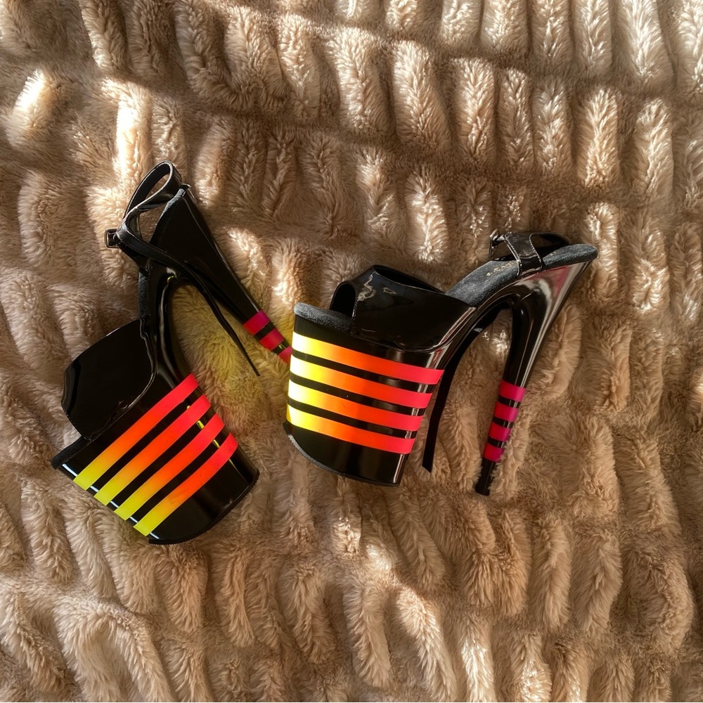 Pleaser Neon Platform Heels Black Patent Stripe Rainbow Pole Dance Festival 8